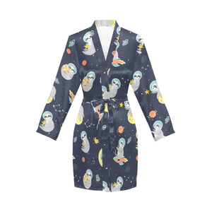 Cute sloth astronaut star planet rocket pattern Women's Long Sleeve Belted Night Robe