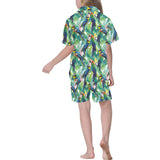 Colorful parrot exotic flower leaves Kids' Boys' Girls' V-Neck Short Pajama Set