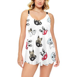 French bulldog cup paw pattern Chest Sexy Pleated Two Piece Swim Dress