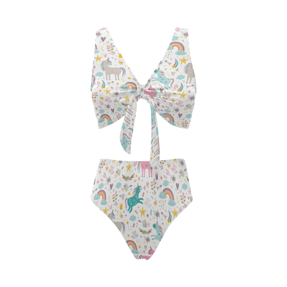 Colorful unicorn pattern Chest Bowknot High Waisted Bikini Swimsuit