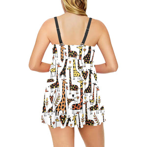 Giraffe Pattern Print Design 05 Chest Sexy Pleated Two Piece Swim Dress