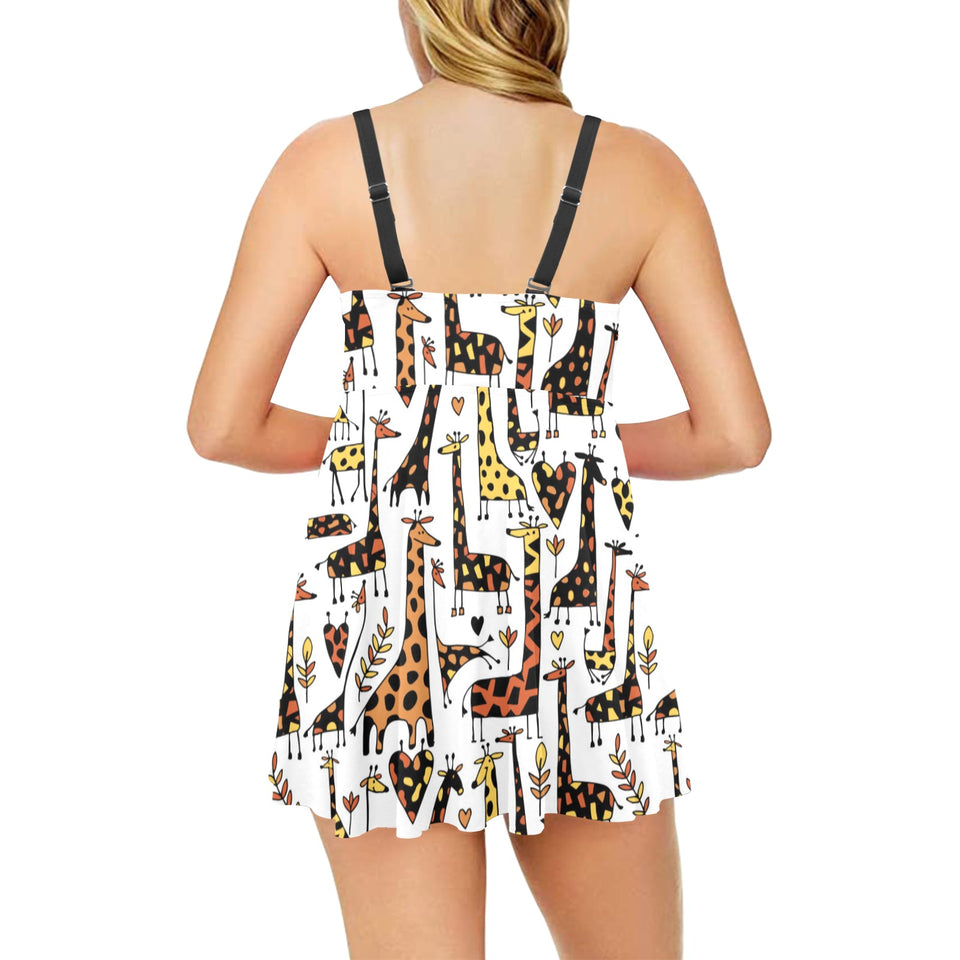 Giraffe Pattern Print Design 05 Chest Sexy Pleated Two Piece Swim Dress