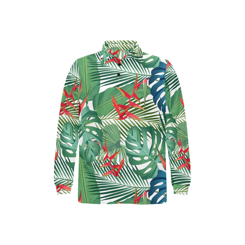 heliconia palm and monstera leaves pattern Men's Long Sleeve Polo Shirt