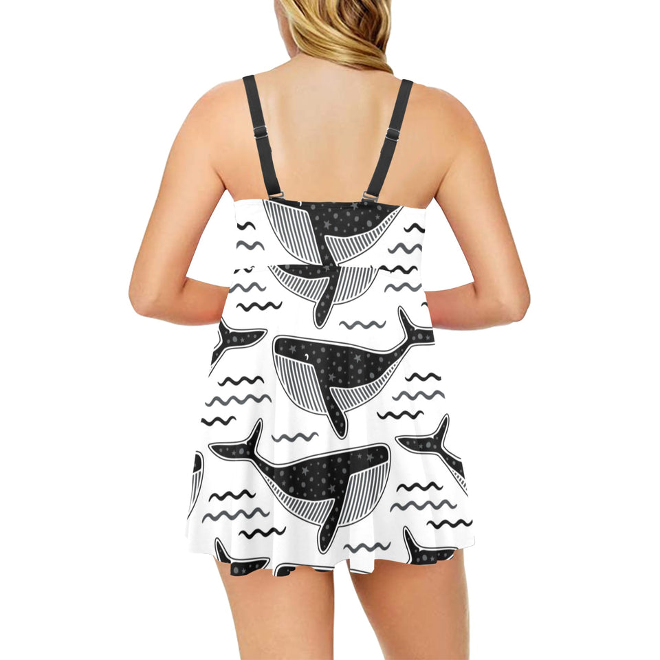 Black whale pattern Chest Sexy Pleated Two Piece Swim Dress