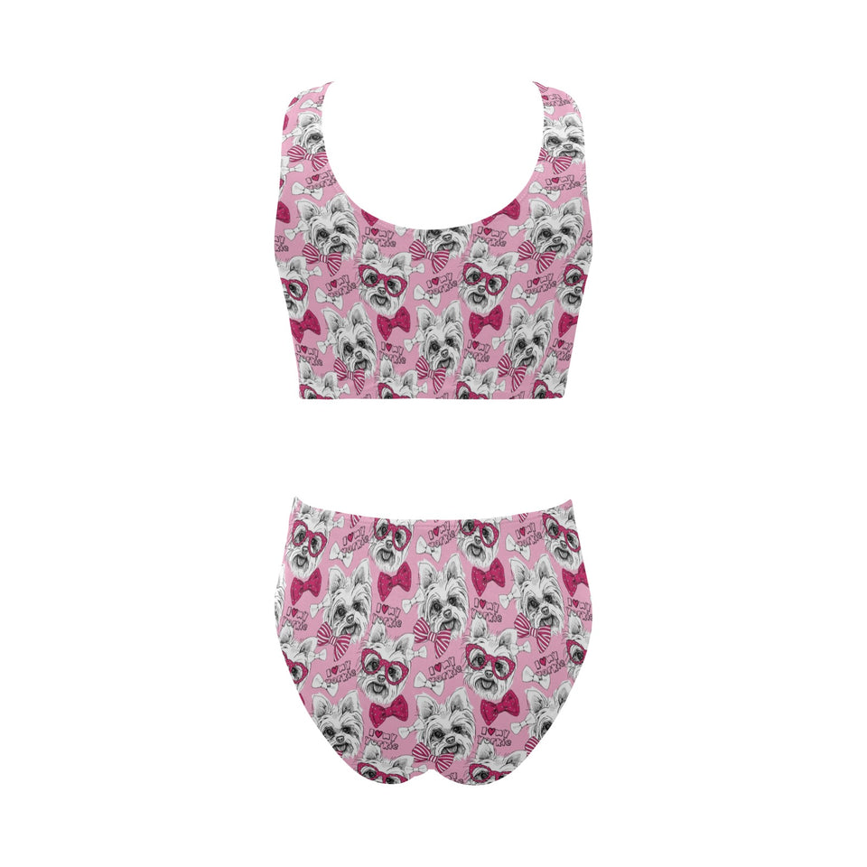 Yorkshire Terrier Pattern Print Design 03 Chest Bowknot High Waisted Bikini Swimsuit