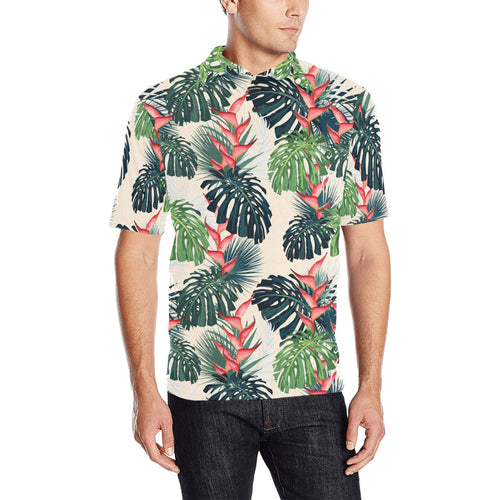 heliconia flowers, palm and monstera leaves Men's All Over Print Polo Shirt