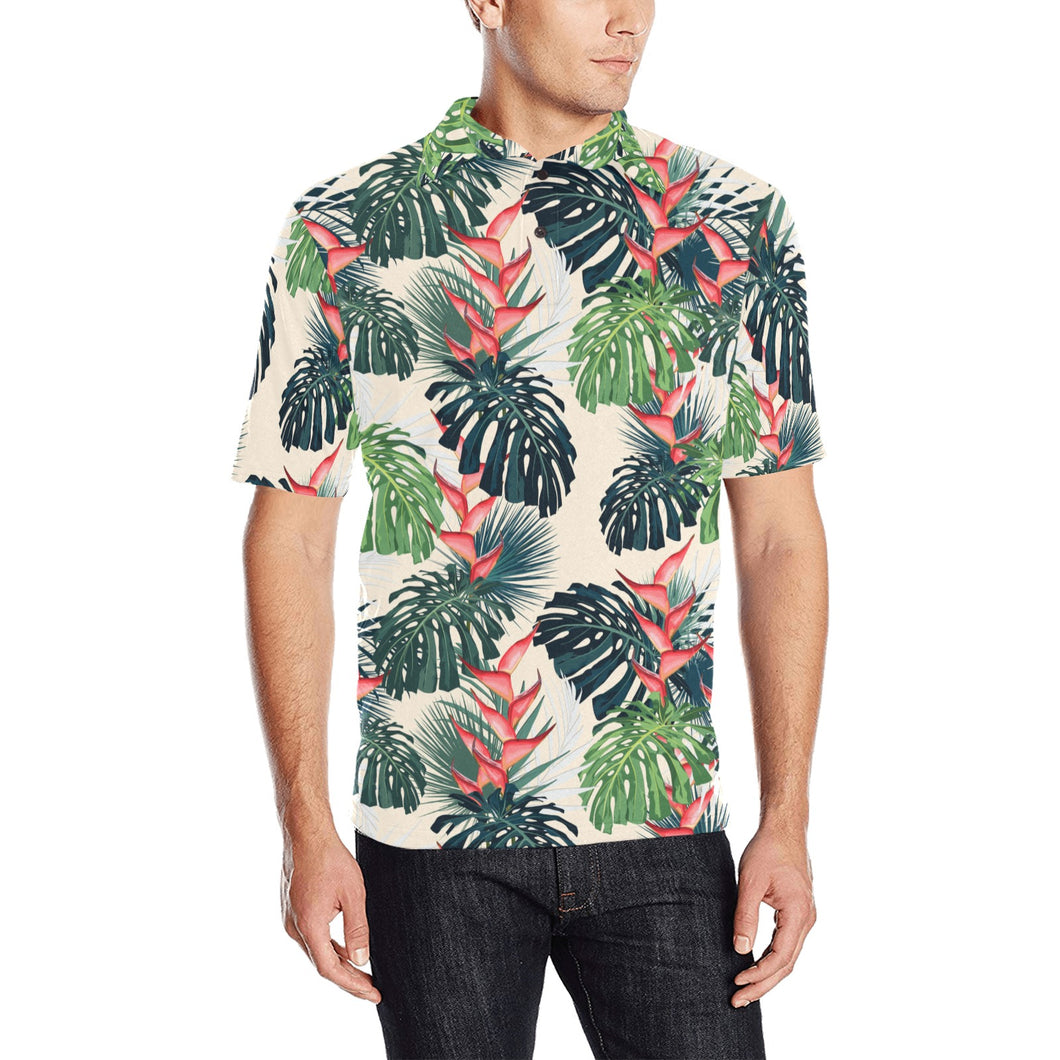 heliconia flowers, palm and monstera leaves Men's All Over Print Polo Shirt