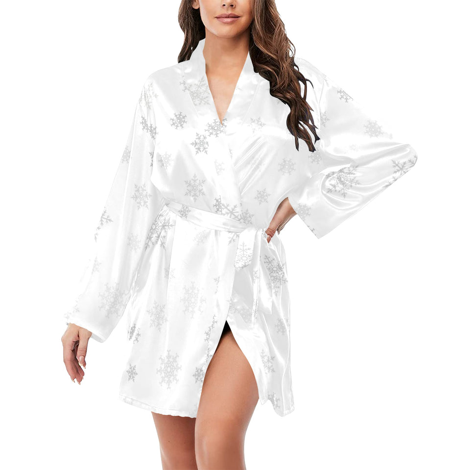 Snowflake pattern white background Women's Long Sleeve Belted Night Robe