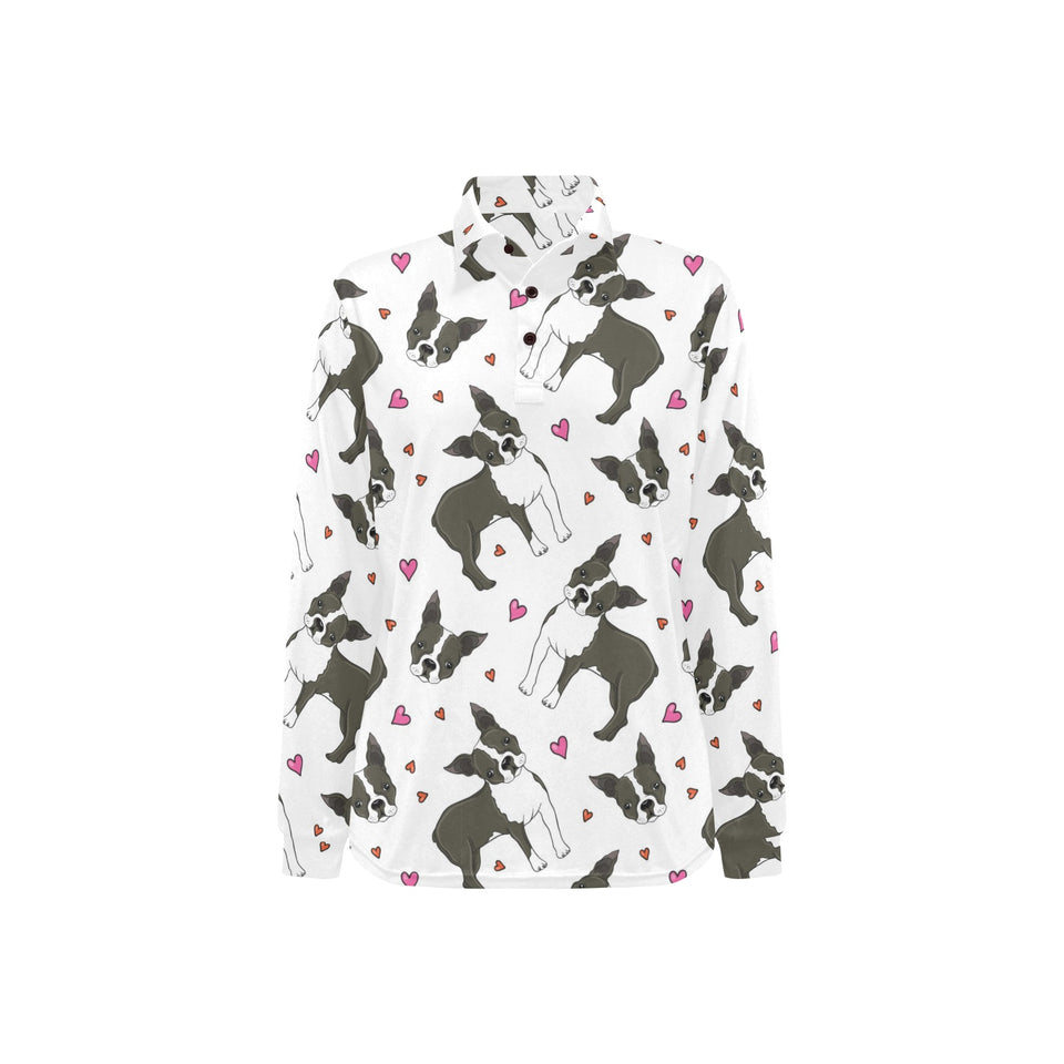 Boston terrier dog hearts vector pattern Women's Long Sleeve Polo Shirt