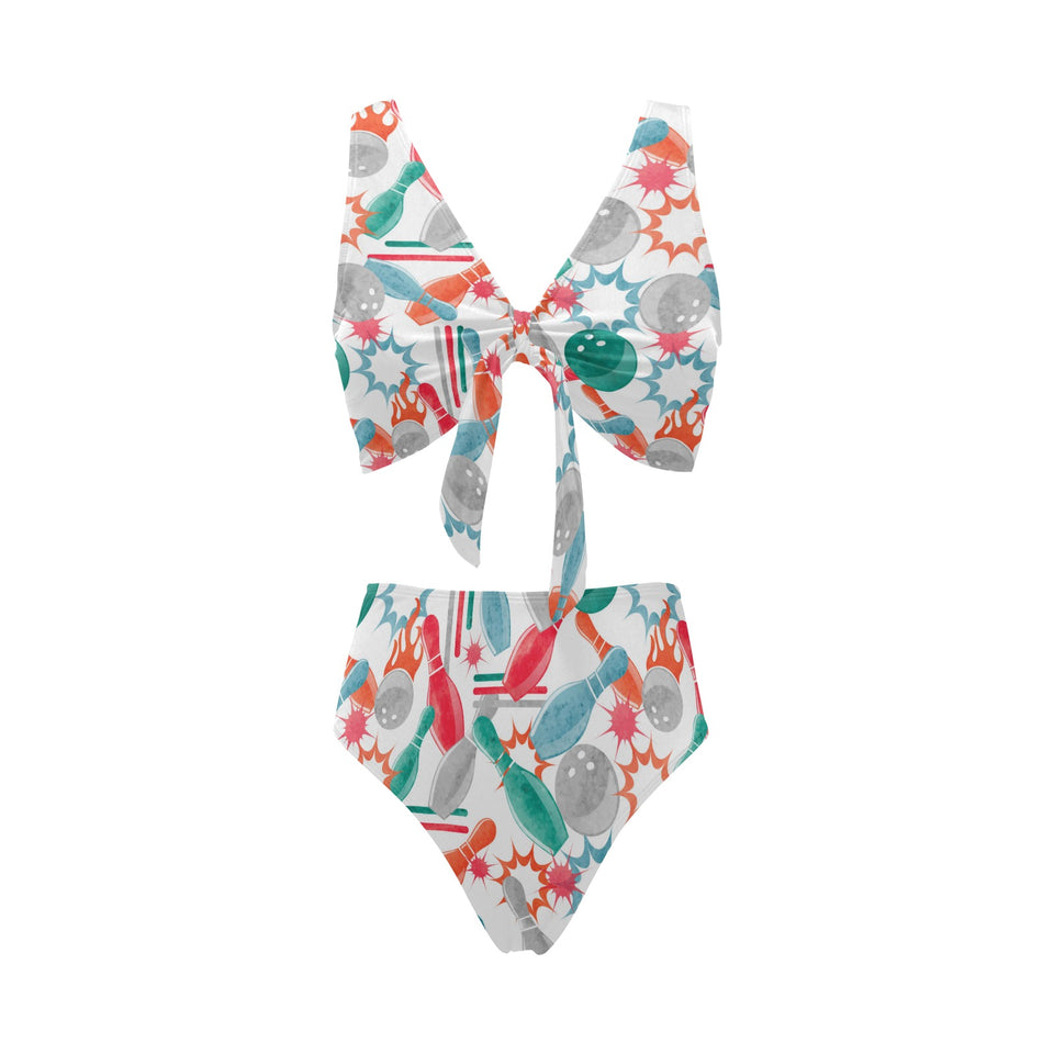 Watercolor bowling pattern Chest Bowknot High Waisted Bikini Swimsuit