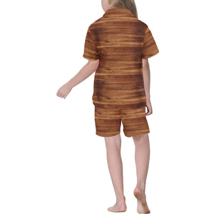 Wood Printed Pattern Print Design 04 Kids' Boys' Girls' V-Neck Short Pajama Set