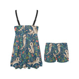 Raccoon tropical leaves pattern Chest Sexy Pleated Two Piece Swim Dress