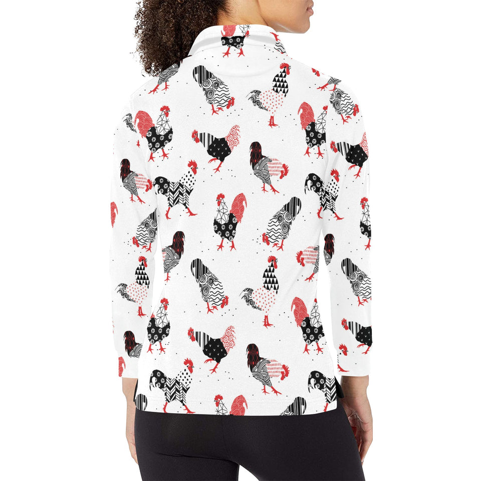 Cool rooster chicken cock floral ornament backgrou Women's Long Sleeve Polo Shirt