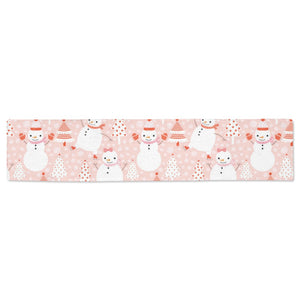 Cute snowman christmas tree snowpink background Table Runner