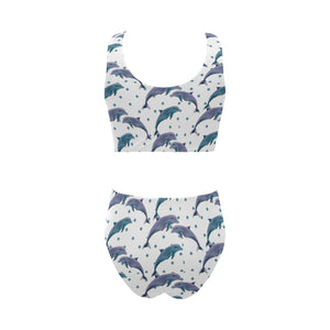 Dolphins pattern dotted background Chest Bowknot High Waisted Bikini Swimsuit