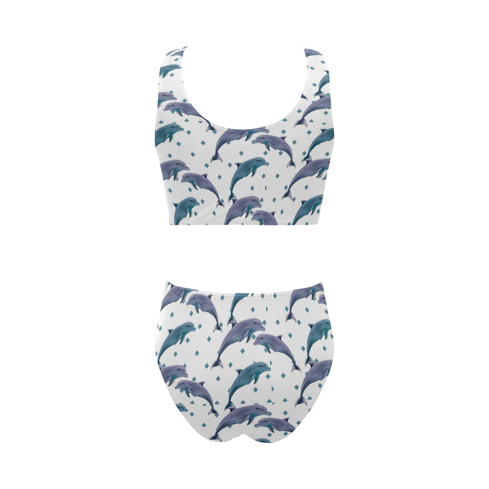 Dolphins pattern dotted background Chest Bowknot High Waisted Bikini Swimsuit