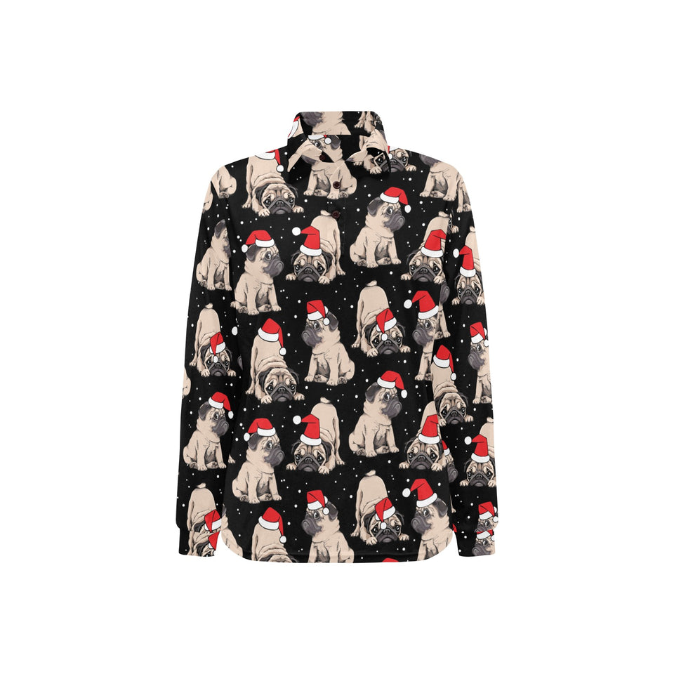 Christmas Pugs Santa_s red cap pattern Women's Long Sleeve Polo Shirt