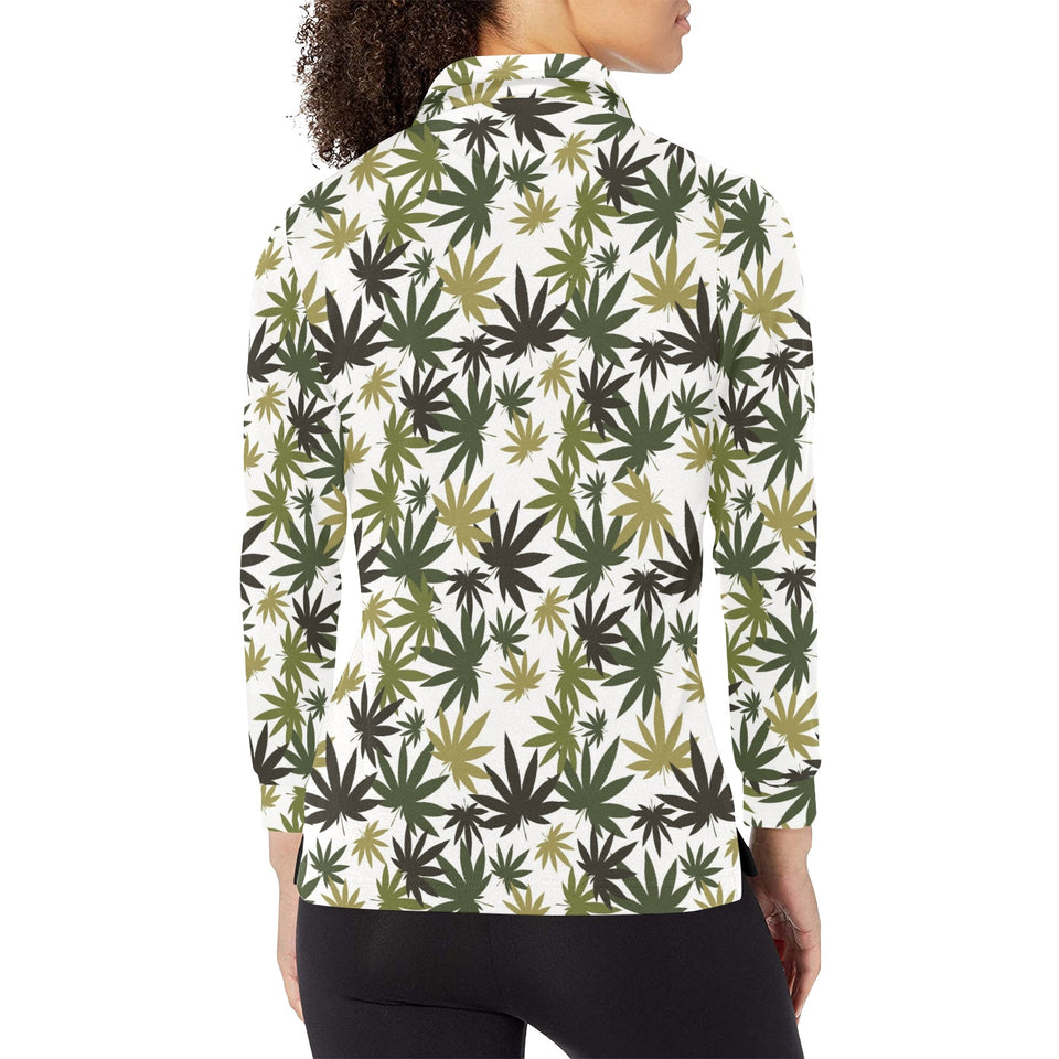 Canabis Marijuana Weed Pattern Print Design 05 Women's Long Sleeve Polo Shirt