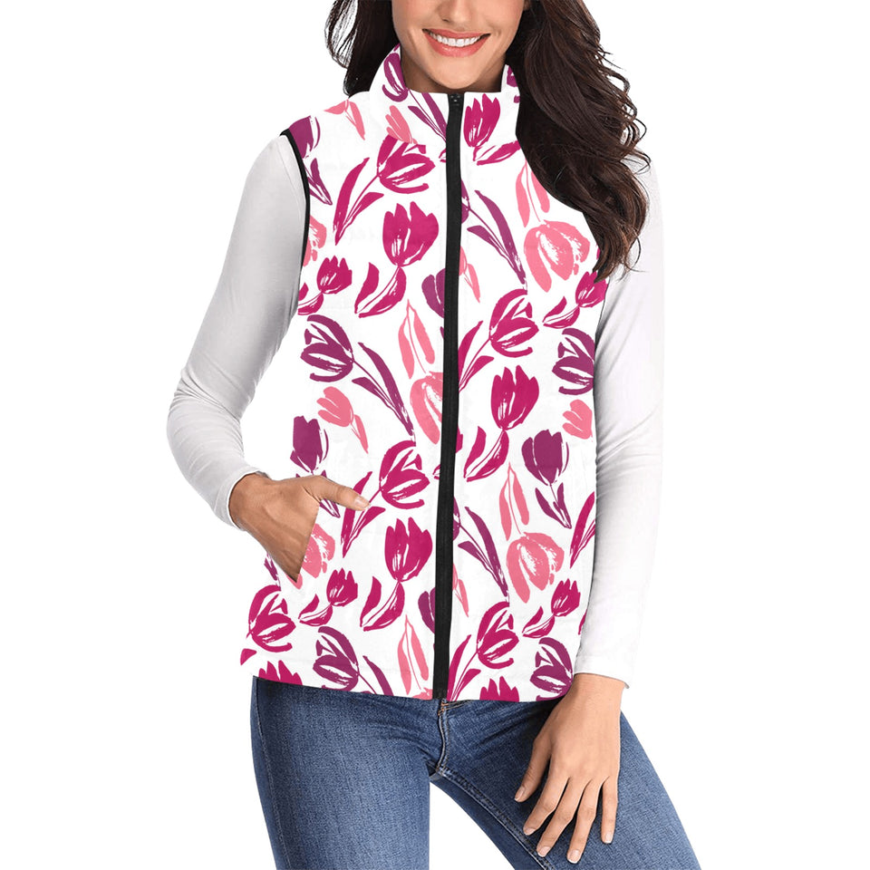 pink sketch tulip pattern Women's Padded Vest