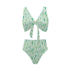 Green Peas Pattern Print Design 01 Chest Bowknot High Waisted Bikini Swimsuit