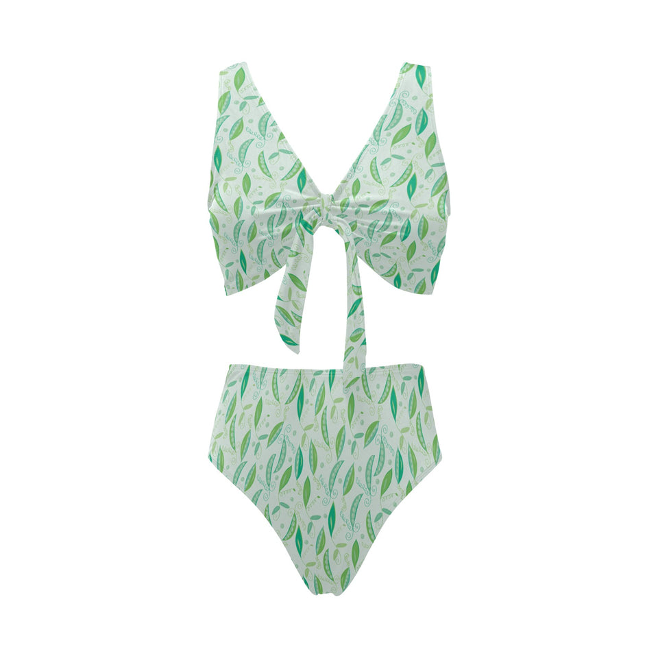 Green Peas Pattern Print Design 01 Chest Bowknot High Waisted Bikini Swimsuit