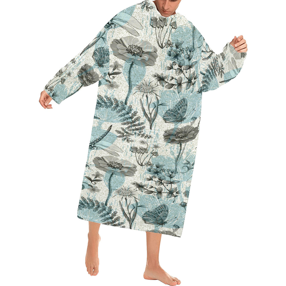 Dragonfly Butterfly Plants insect flower vintage s Blanket Robe with Sleeves