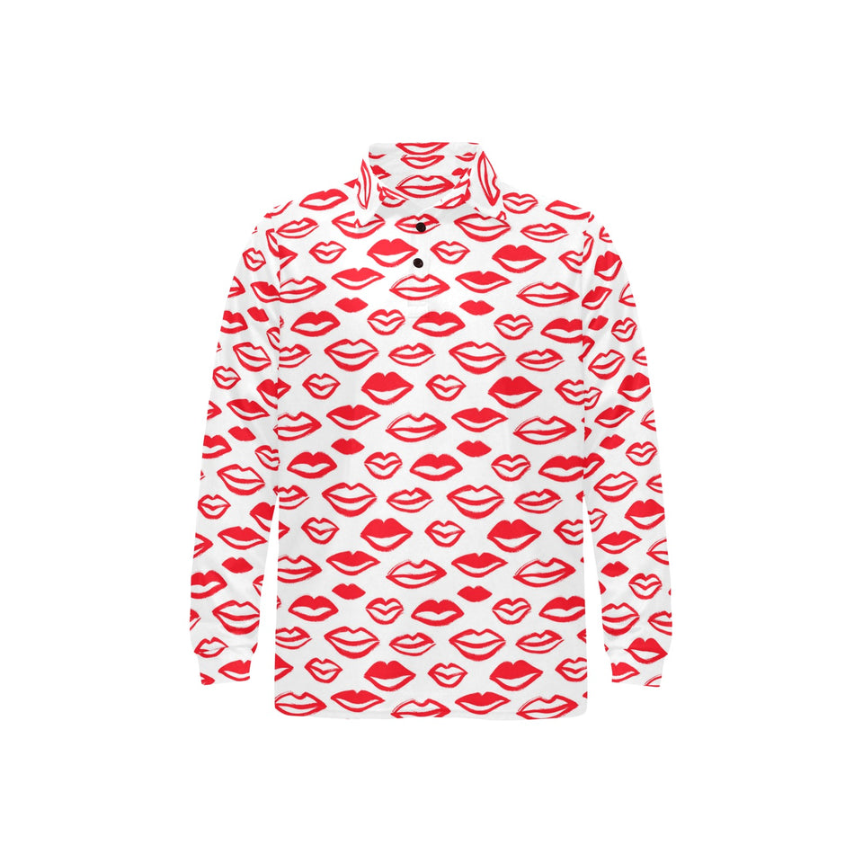 Lips Pattern Print Design 05 Men's Long Sleeve Polo Shirt