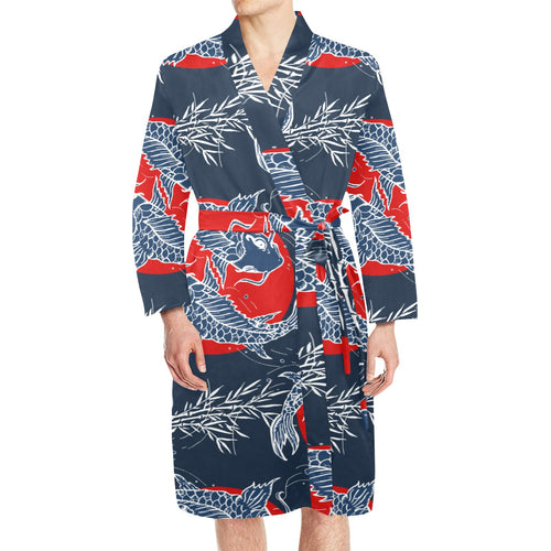 Koi Fish Carp Fishs hand drawn japanese art Men's Long Sleeve Belted Night Robe