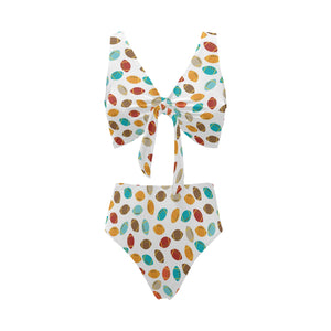 Colorful american football ball pattern Chest Bowknot High Waisted Bikini Swimsuit