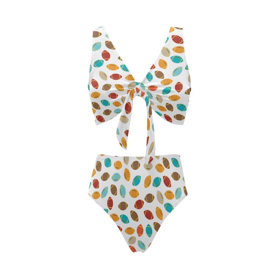 Colorful american football ball pattern Chest Bowknot High Waisted Bikini Swimsuit