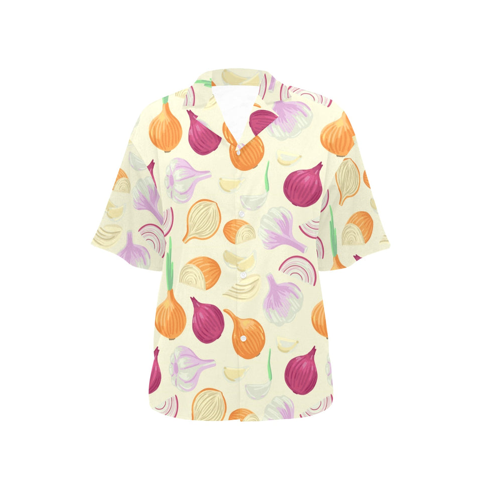 Onion garlic white red pattern Women's All Over Print Hawaiian Shirt