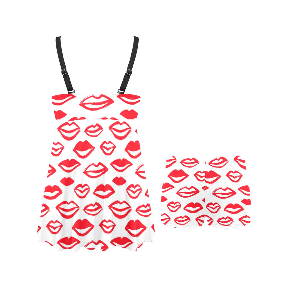 Lips Pattern Print Design 05 Chest Sexy Pleated Two Piece Swim Dress