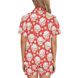Cute Maneki neko cat red background Women's V-Neck Short Pajama Set