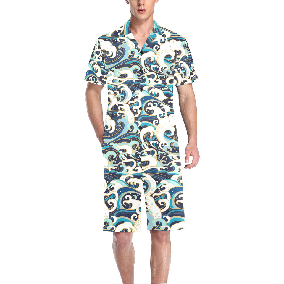 Japanese wave pattern Men's V-Neck Short Pajama Set