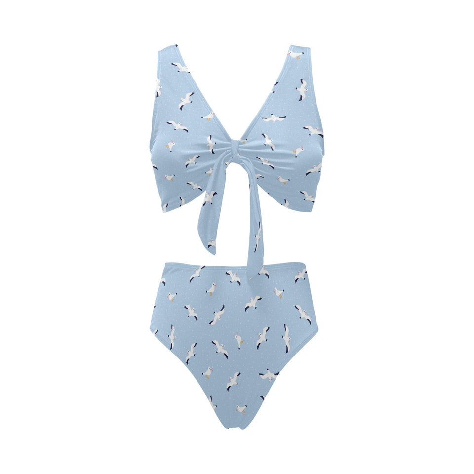 Seagull Pattern Print Design 02 Chest Bowknot High Waisted Bikini Swimsuit
