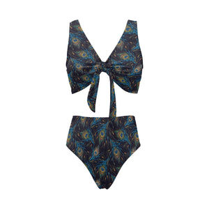 Beautiful peacock feather pattern Chest Bowknot High Waisted Bikini Swimsuit