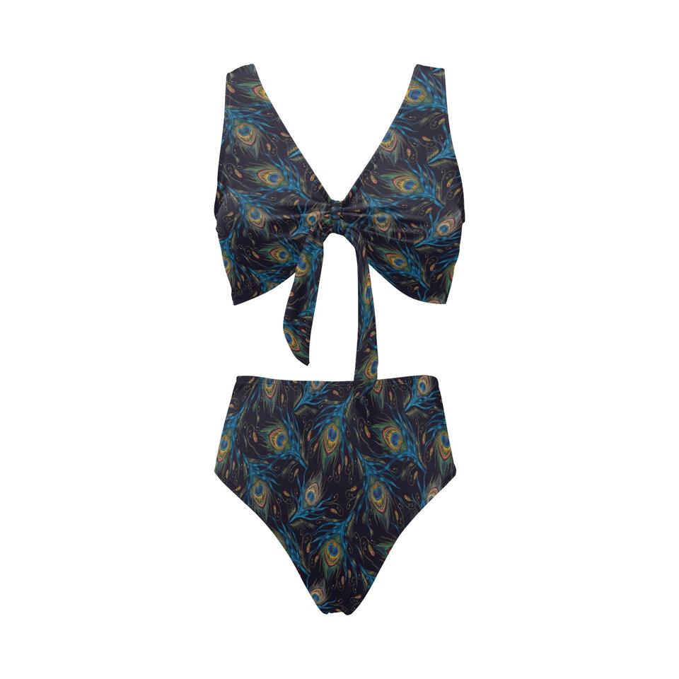 Beautiful peacock feather pattern Chest Bowknot High Waisted Bikini Swimsuit