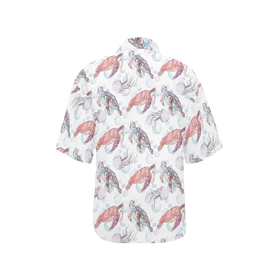 Watercolor sea turtle jellyfish pattern Women's All Over Print Hawaiian Shirt