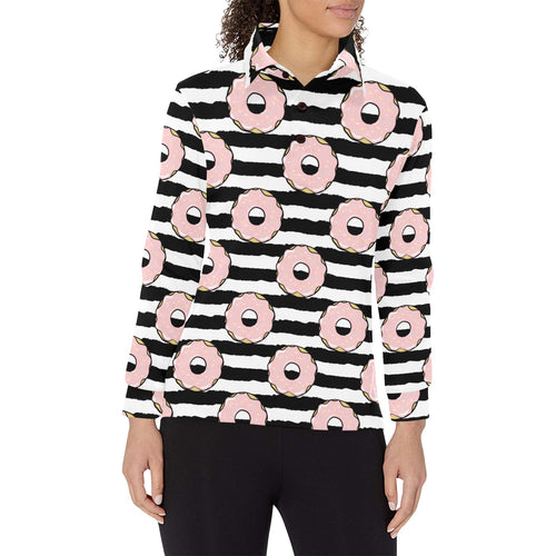 Donuts pink icing striped pattern Women's Long Sleeve Polo Shirt