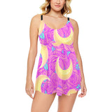 Moon pink rose background Chest Sexy Pleated Two Piece Swim Dress