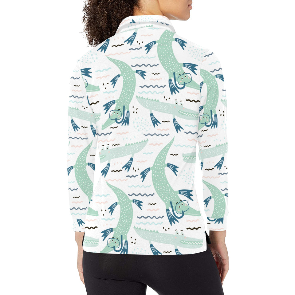 Crocodile diver pattern Women's Long Sleeve Polo Shirt