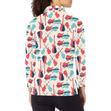 Red Blue guitar pattern Women's Long Sleeve Polo Shirt