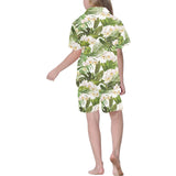 White orchid flower tropical leaves pattern Kids' Boys' Girls' V-Neck Short Pajama Set