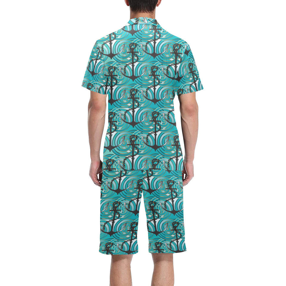 Anchor nautical green background Men's V-Neck Short Pajama Set