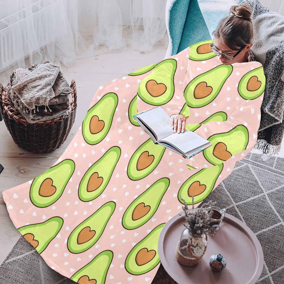 Avocado heart pink background Blanket Robe with Sleeves