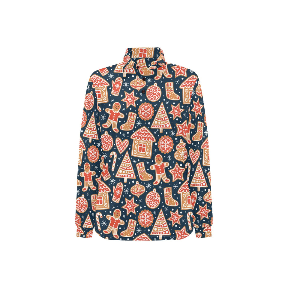 Christmas gingerbread cookie pattern Women's Long Sleeve Polo Shirt