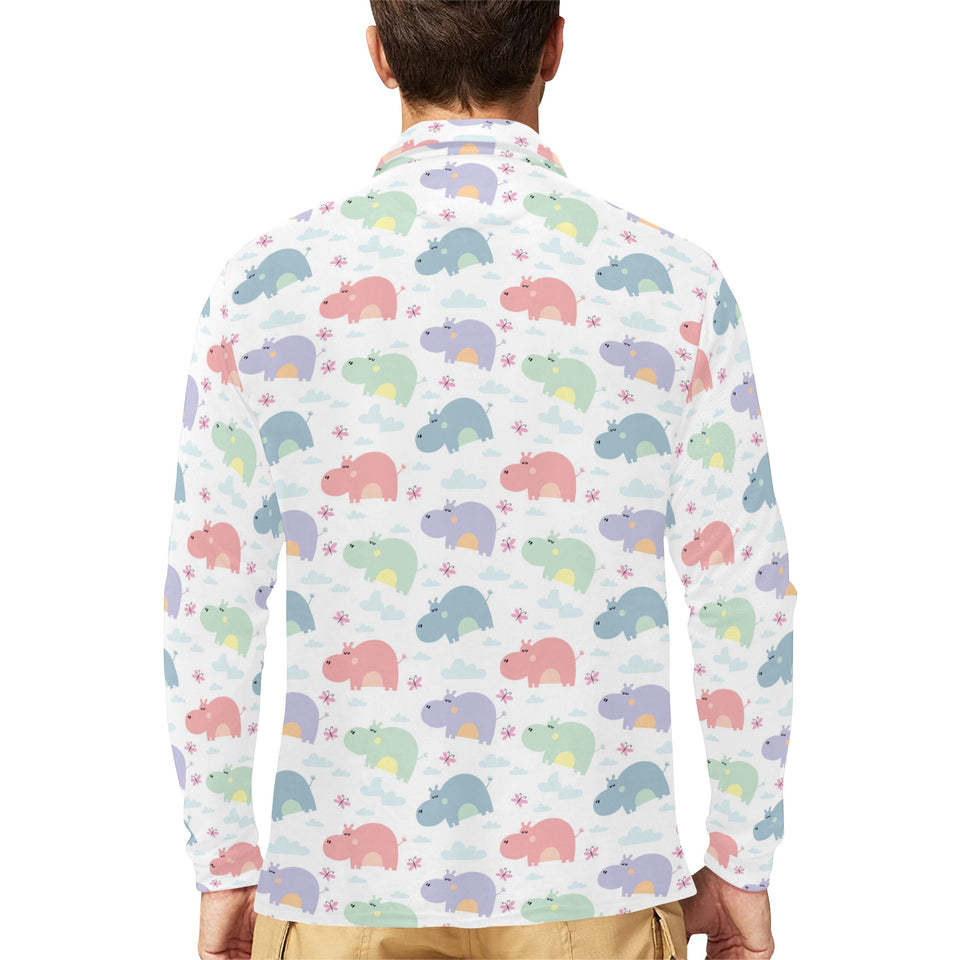 Hippopotamus Pattern Print Design 03 Men's Long Sleeve Polo Shirt