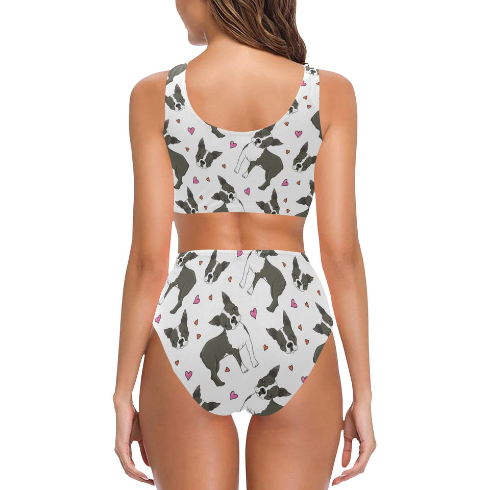 Boston terrier dog hearts vector pattern Chest Bowknot High Waisted Bikini Swimsuit