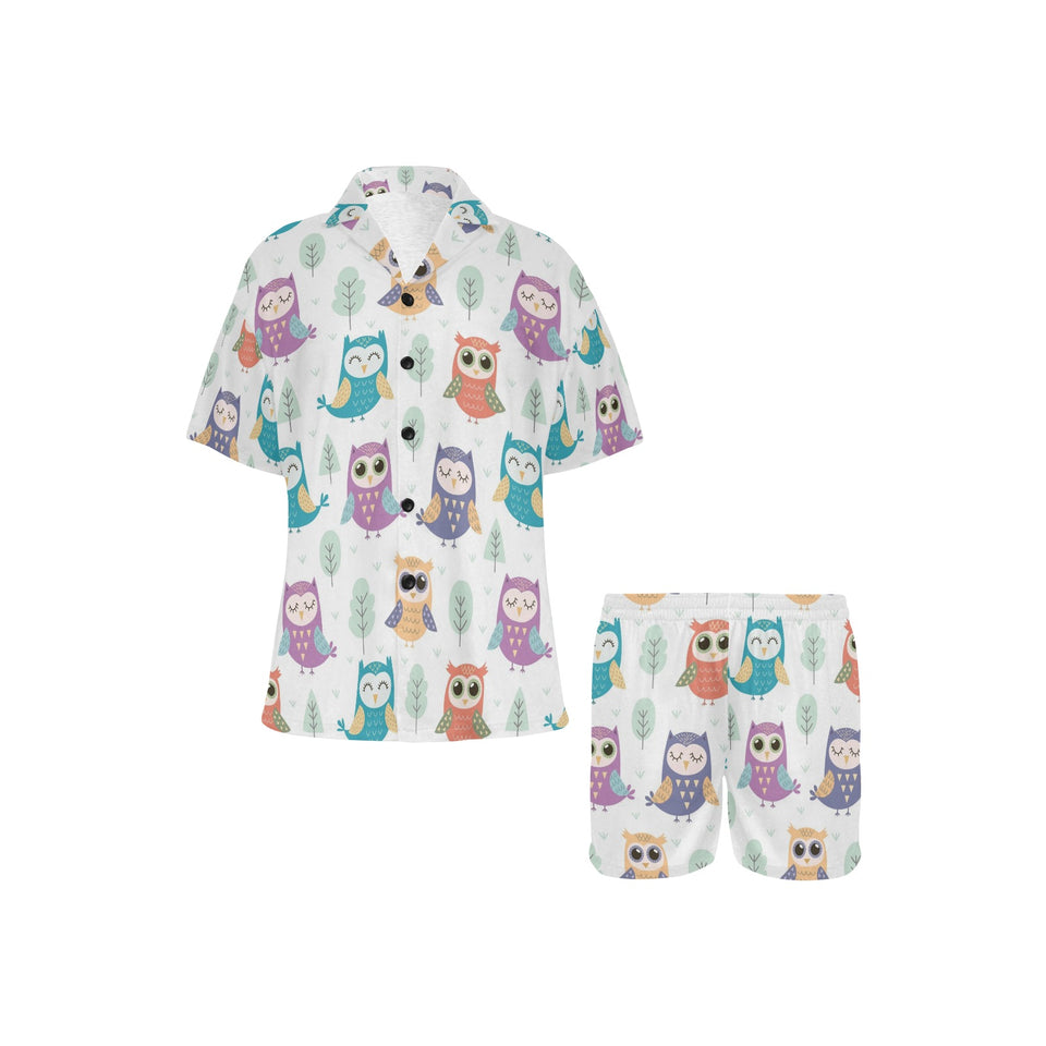 Cute owl pattern Women's V-Neck Short Pajama Set