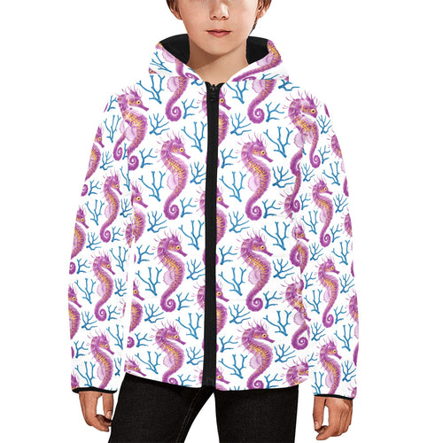 Purple seahorse blue coral pattern Kids' Boys' Girls' Padded Hooded Jacket
